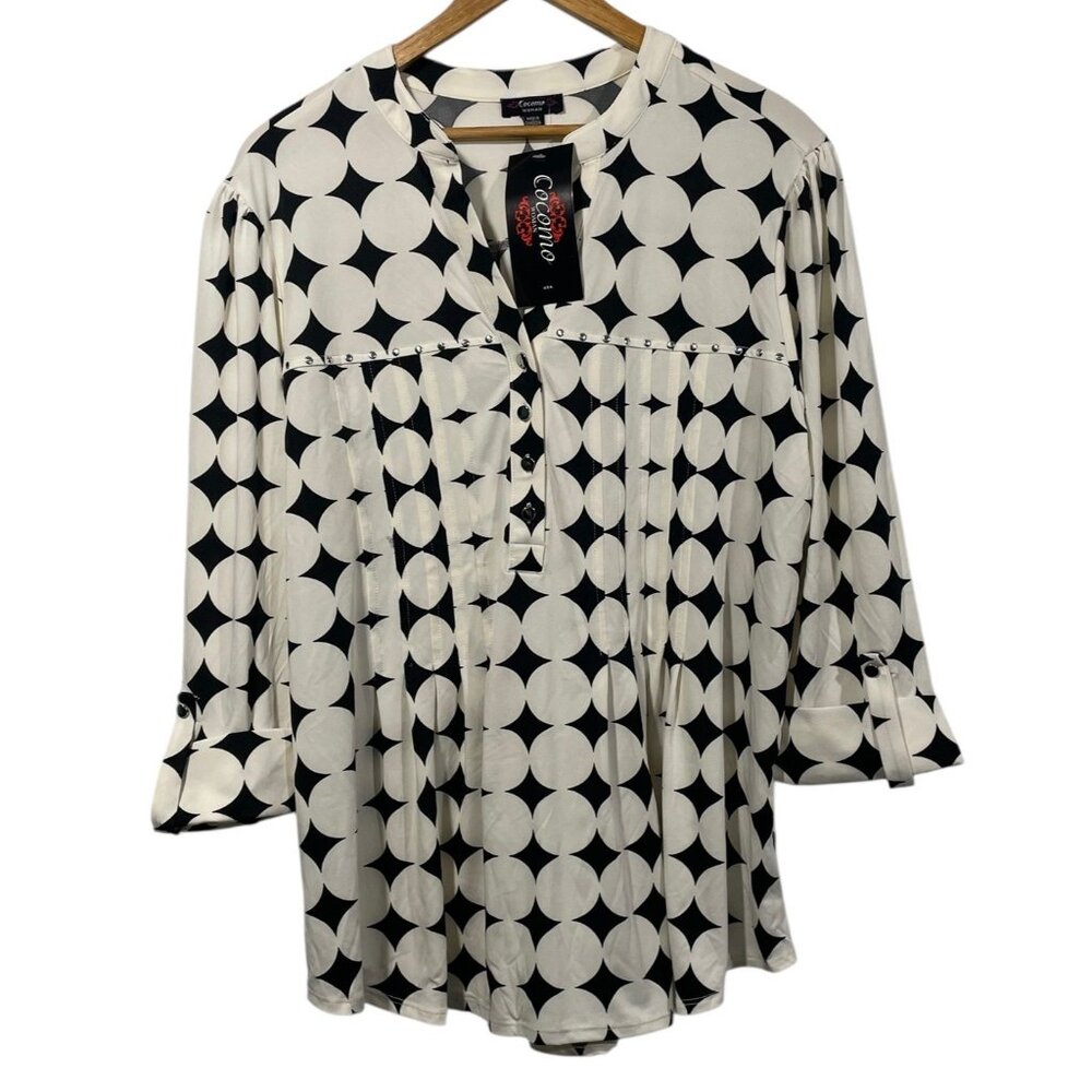 Cocomo Womens 2X Tunic Blouse Black White Geometric Polka Dot Studded NWT